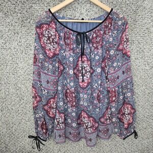 White House Black Market Top Womens 12 Blue Floral Print Peasant Blouse Sheer
